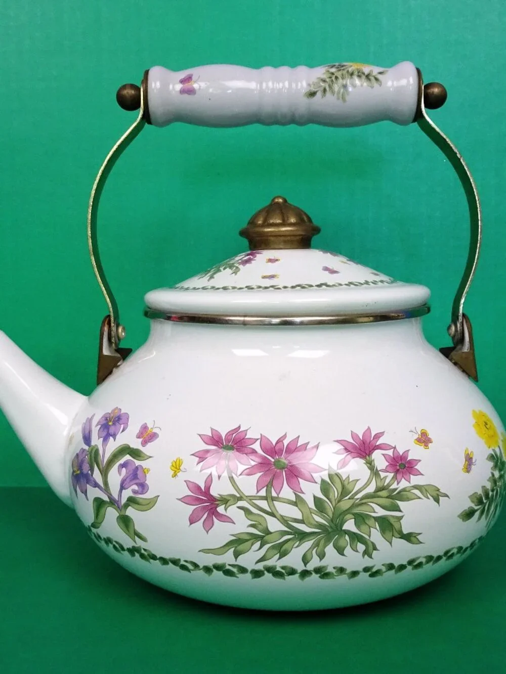 Vintage Lincoware Flowers Butterflies Enamel on Metal Tea Pot Kettle Farmhouse